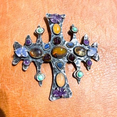 1960er Jahre Anna Morelli Silber Kreuz Multi Edelstein Brosche Taxco