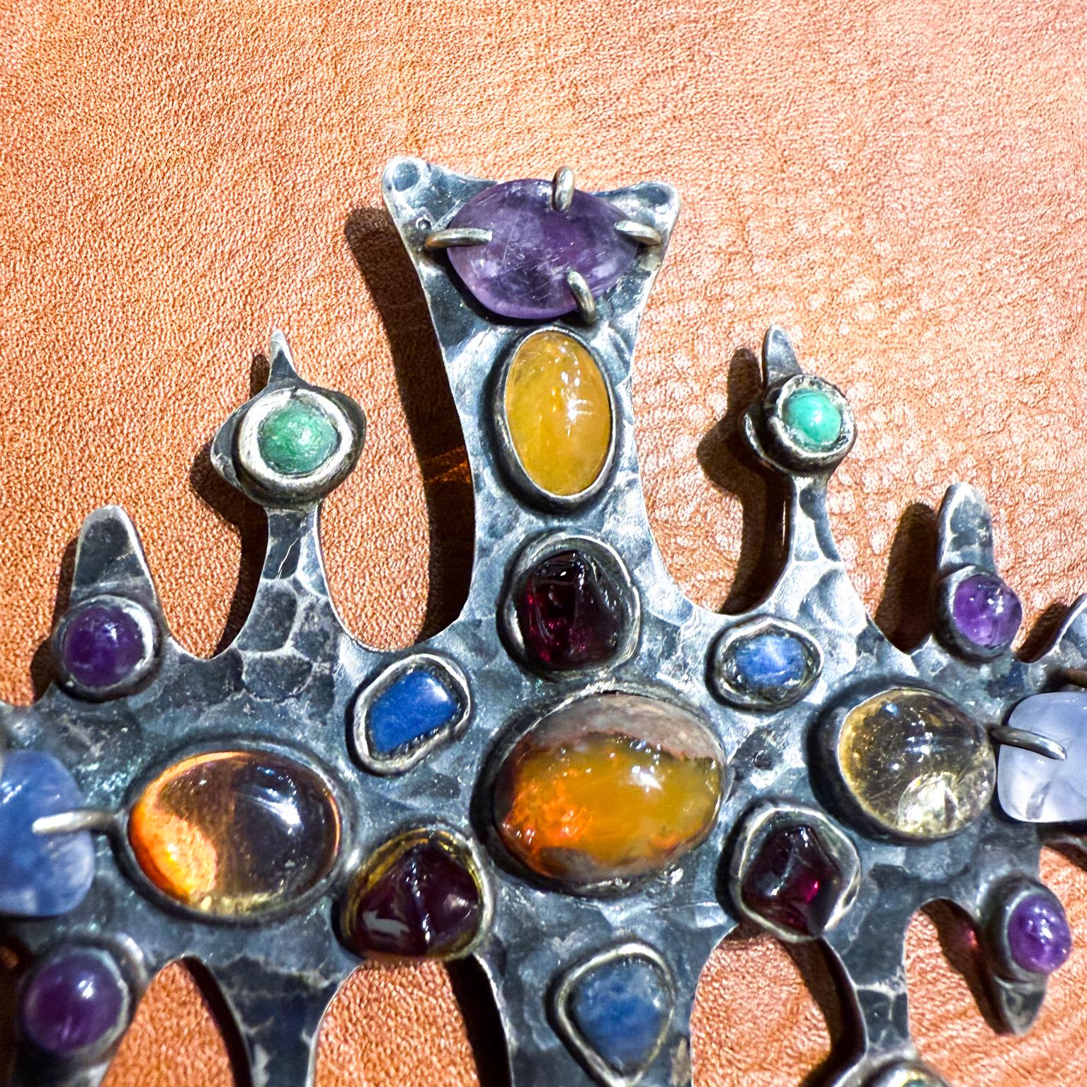 Mid-Century Modern 1960s Anna Morelli Silver Cross Multi Gemstone Brooch Taxco For Sale