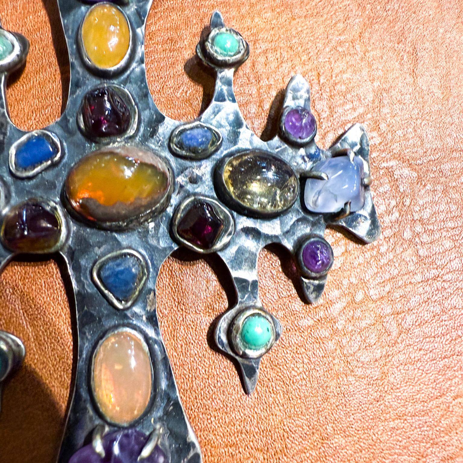Mexican 1960s Anna Morelli Silver Cross Multi Gemstone Brooch Taxco For Sale