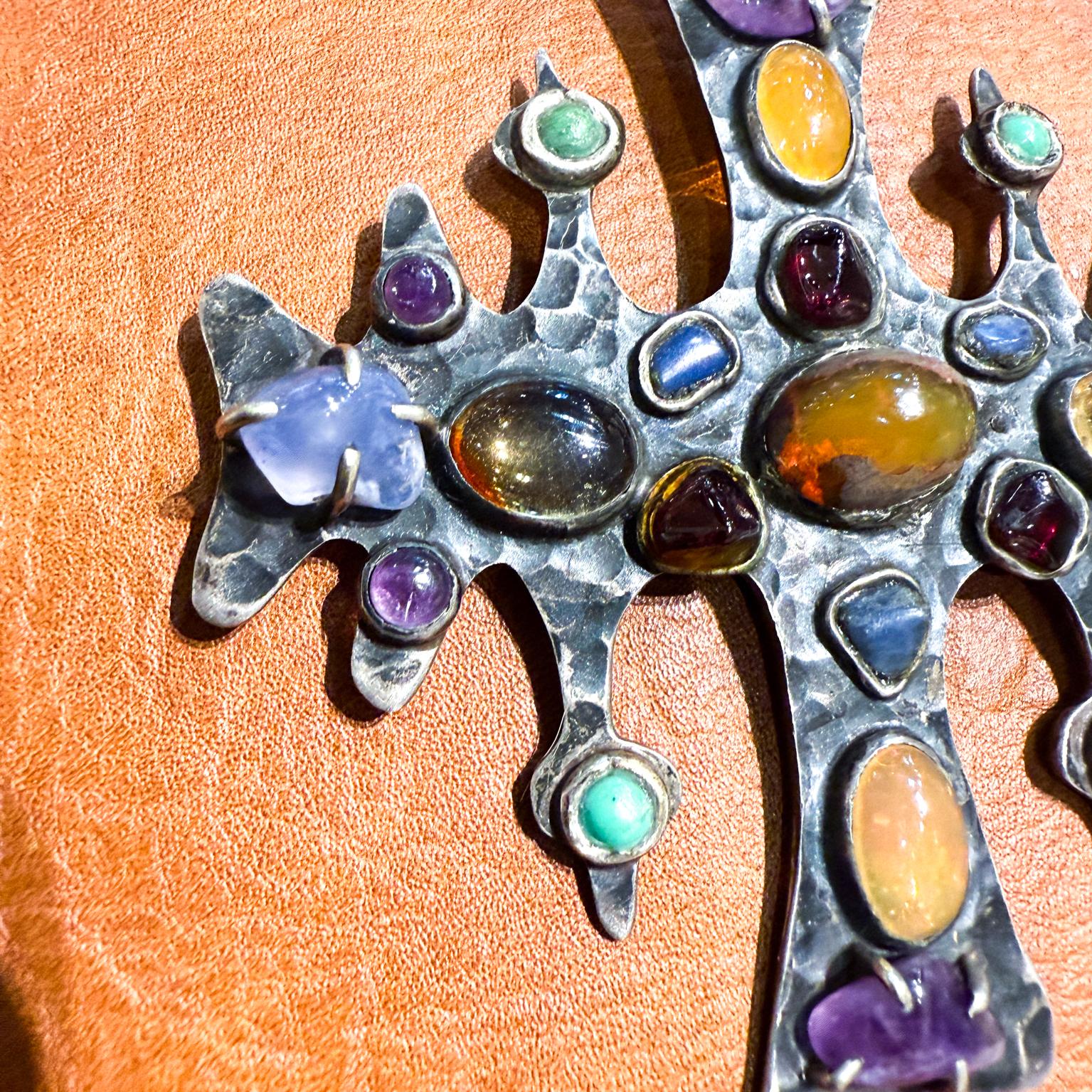 Hammered 1960s Anna Morelli Silver Cross Multi Gemstone Brooch Taxco For Sale
