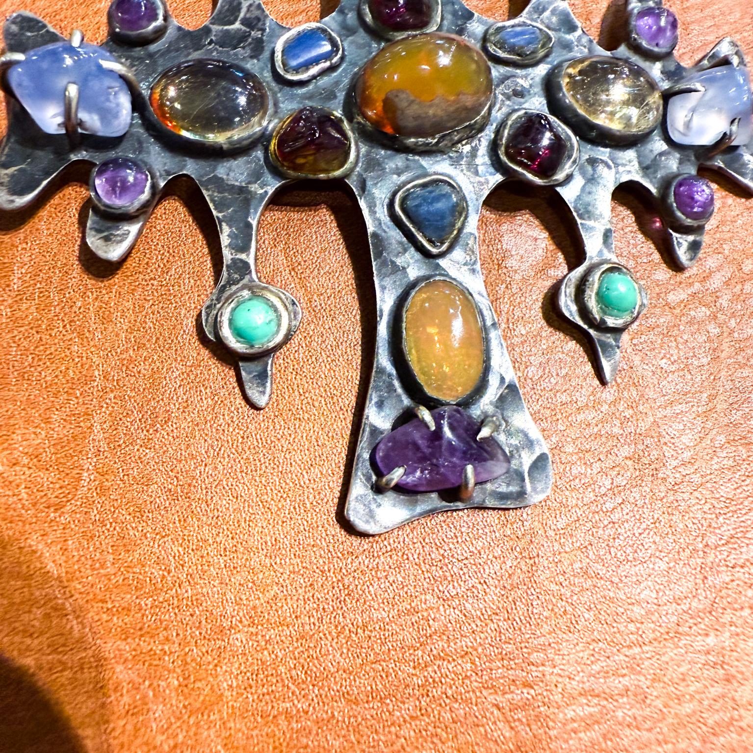 1960s Anna Morelli Silver Cross Multi Gemstone Brooch Taxco In Good Condition For Sale In Chula Vista, CA