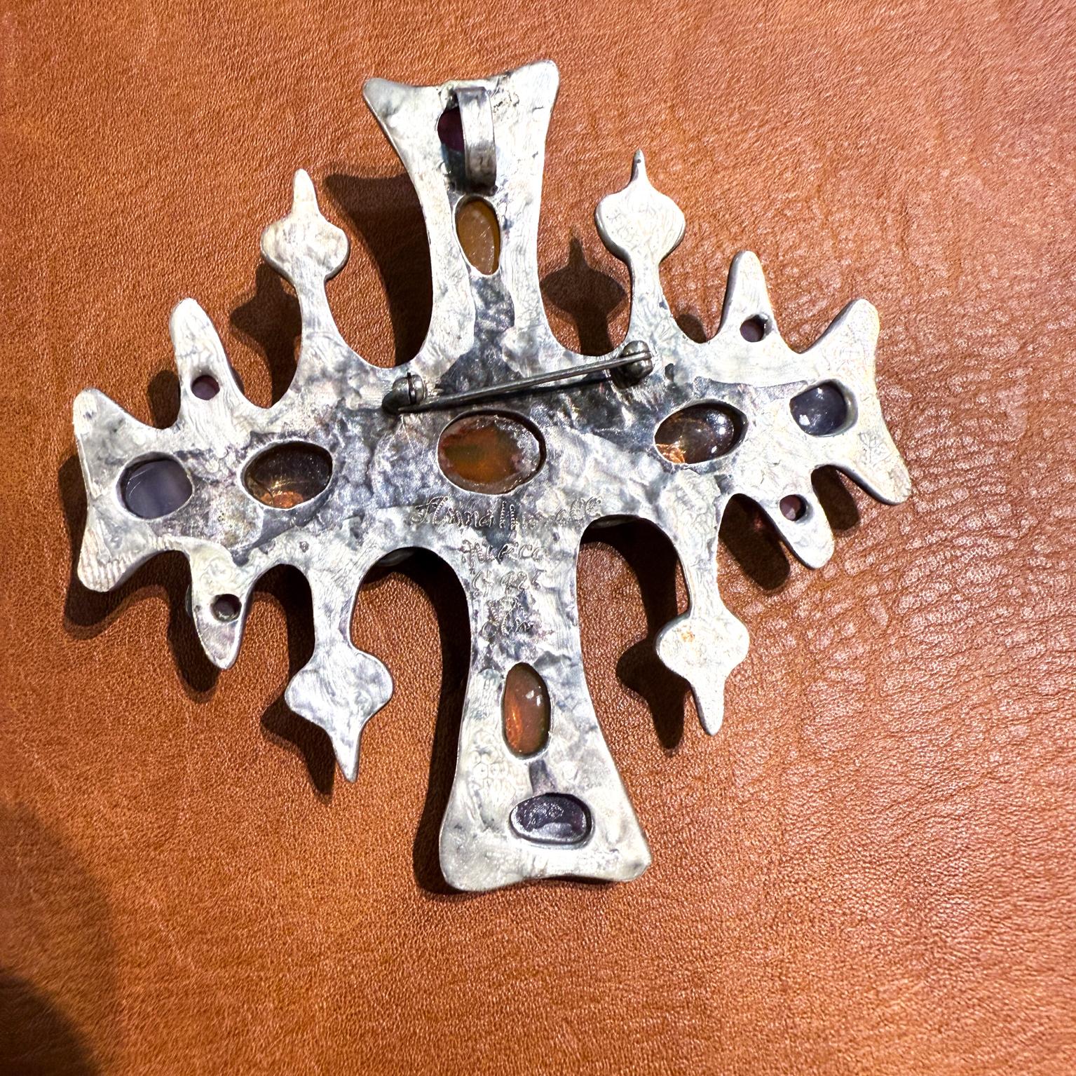 20th Century 1960s Anna Morelli Silver Cross Multi Gemstone Brooch Taxco For Sale