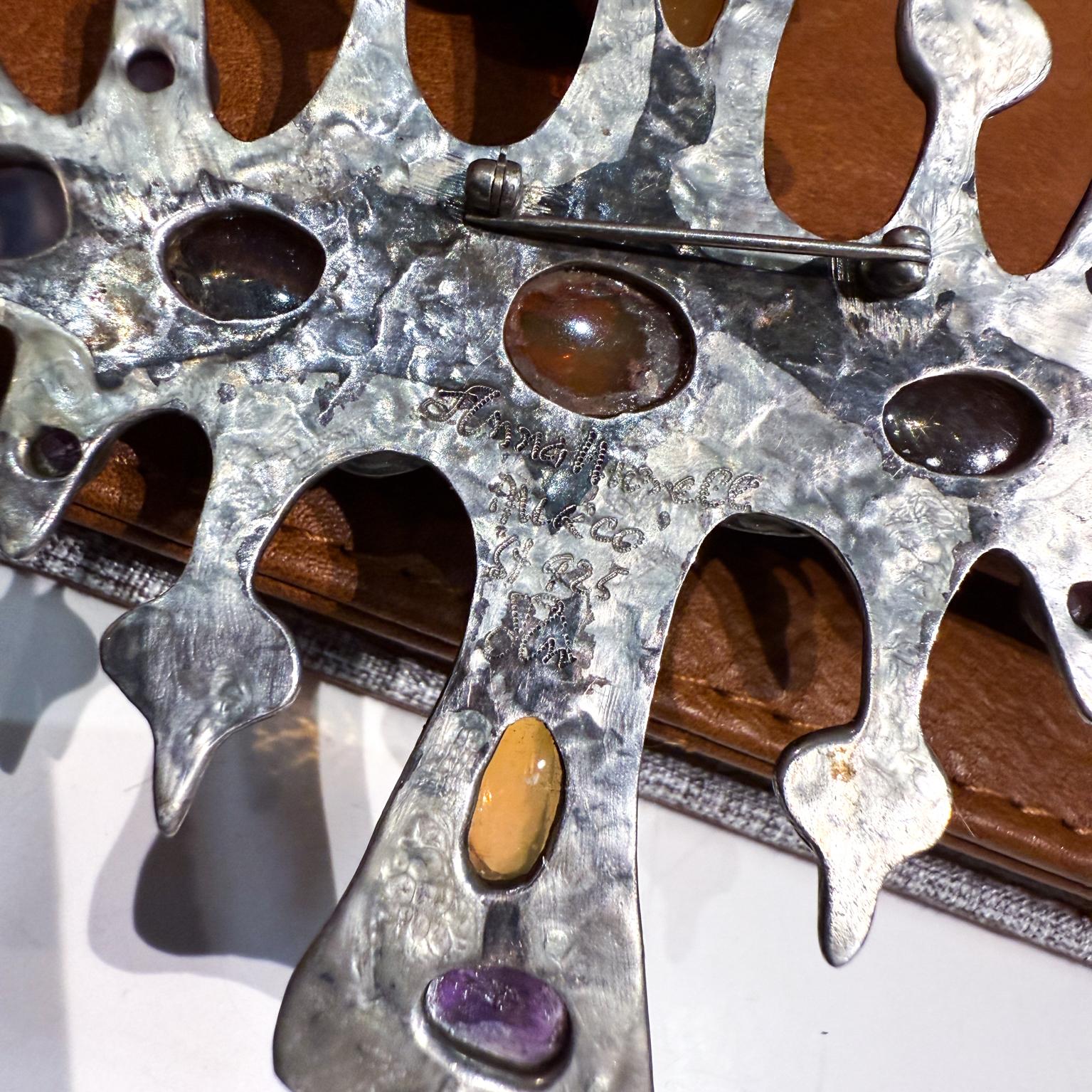 Sterling Silver 1960s Anna Morelli Silver Cross Multi Gemstone Brooch Taxco For Sale