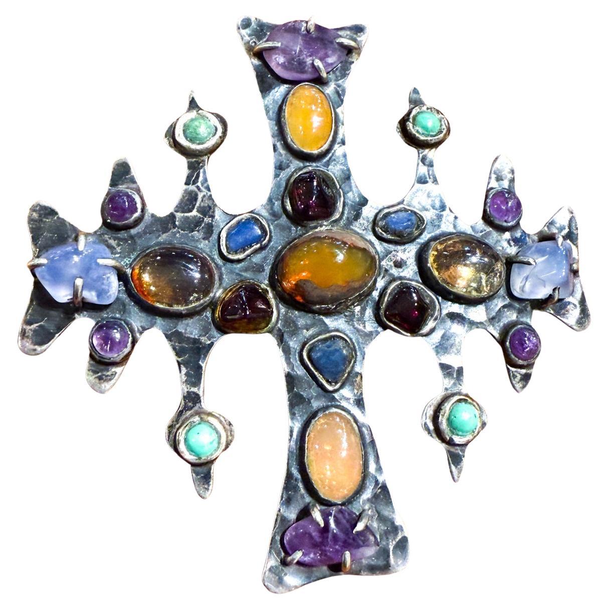 1960s Anna Morelli Silver Cross Multi Gemstone Brooch Taxco