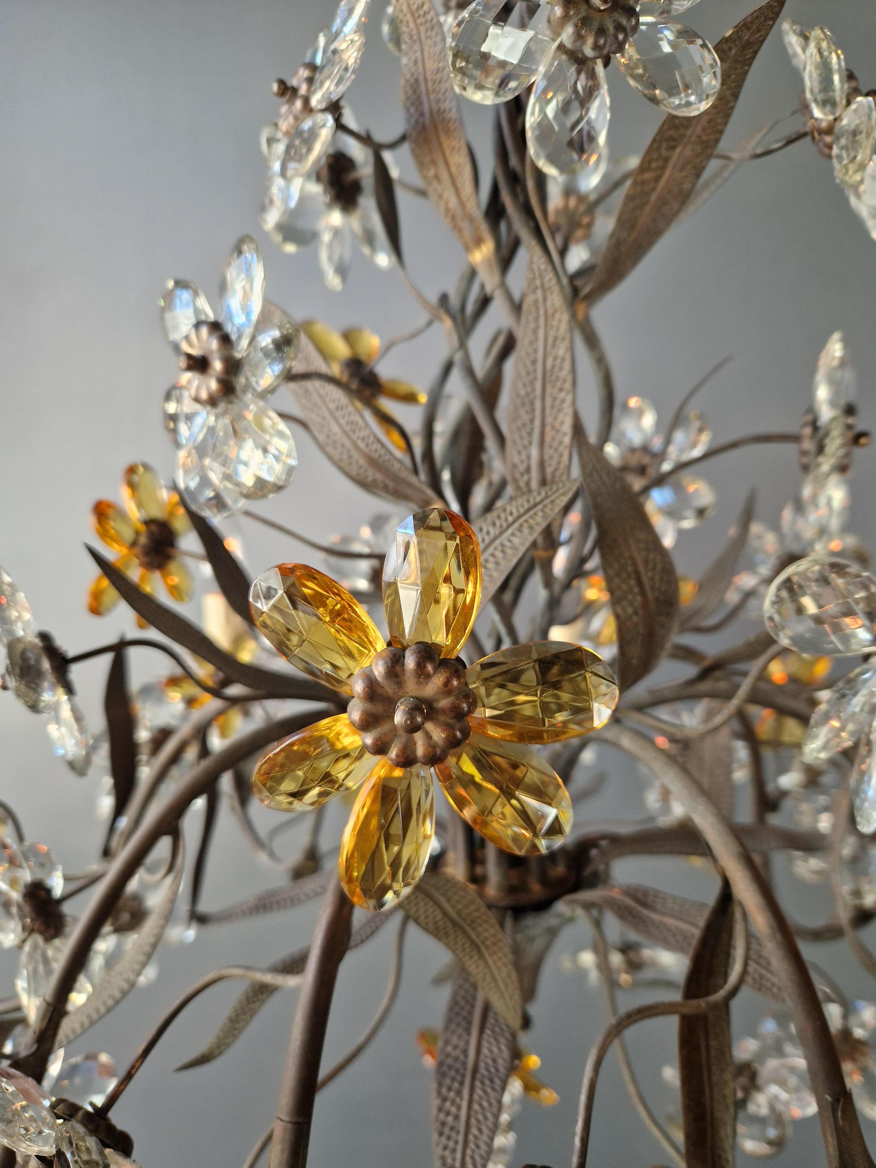 1950s Amber Color Crystal Glass Brass Flower Chandelier Art Deco For Sale 4