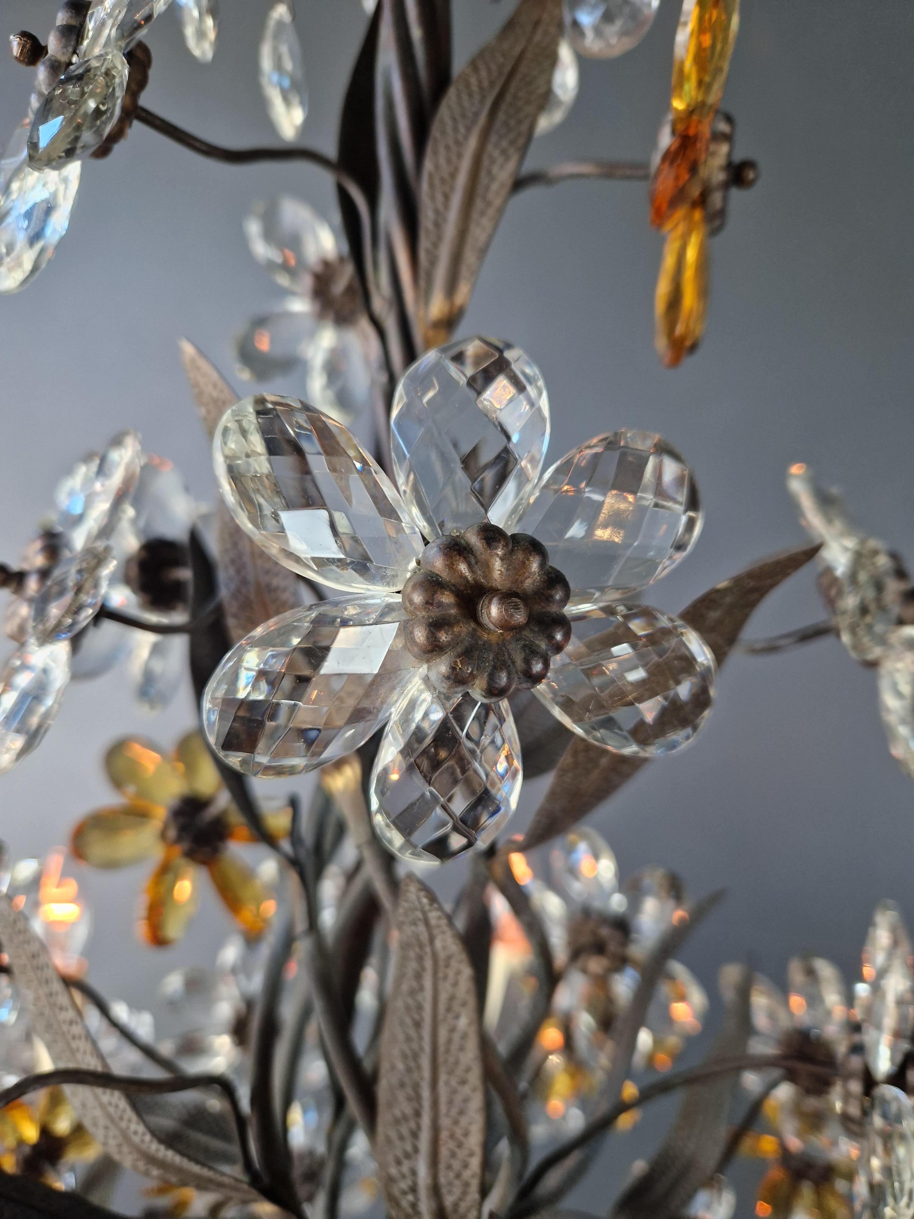 1950s Amber Color Crystal Glass Brass Flower Chandelier Art Deco For Sale 5