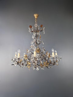 1950s Amber Color Crystal Glass Brass Flower Chandelier Art Deco