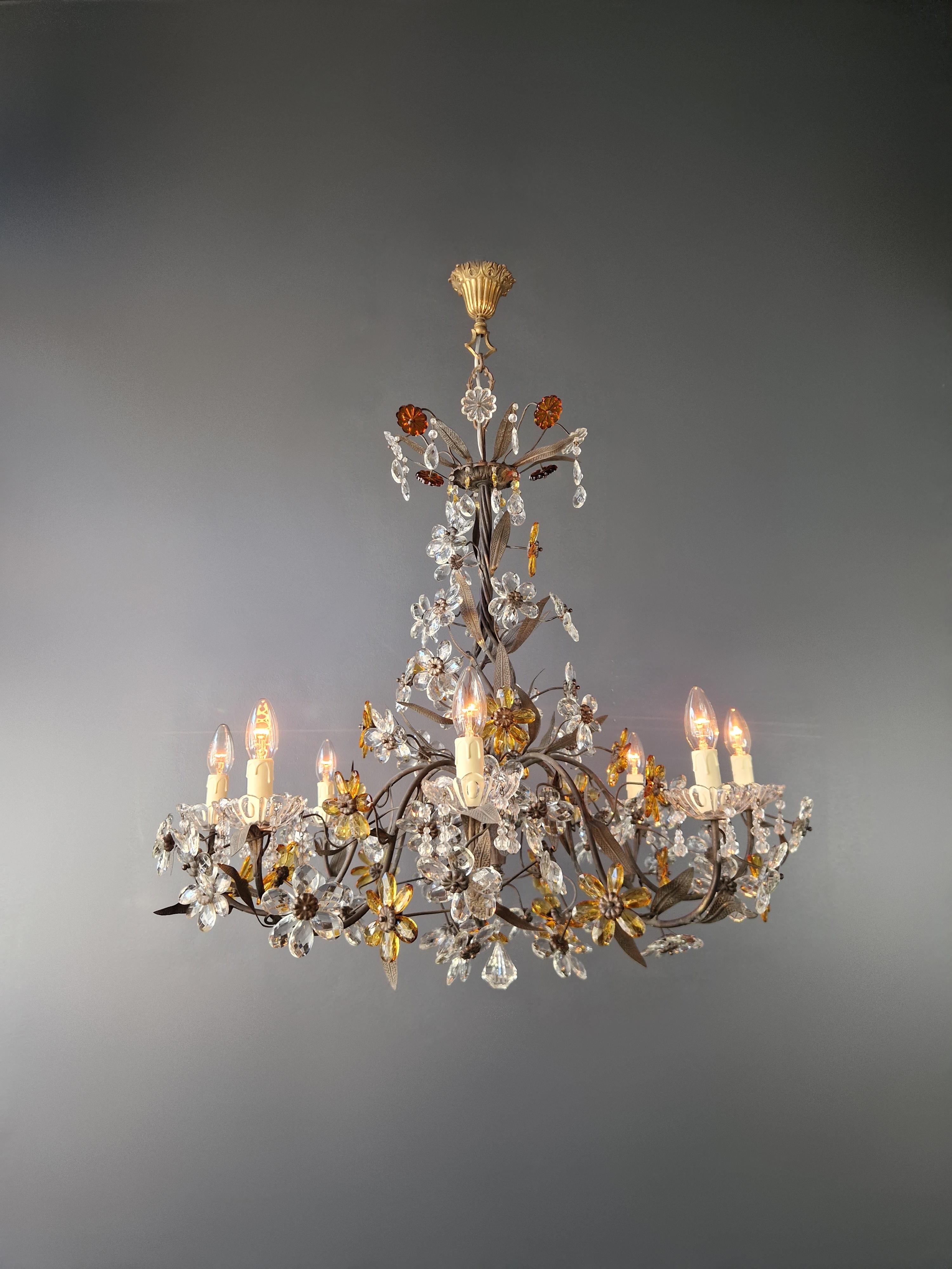 Italian 1950s Amber Color Crystal Glass Brass Flower Chandelier Art Deco For Sale