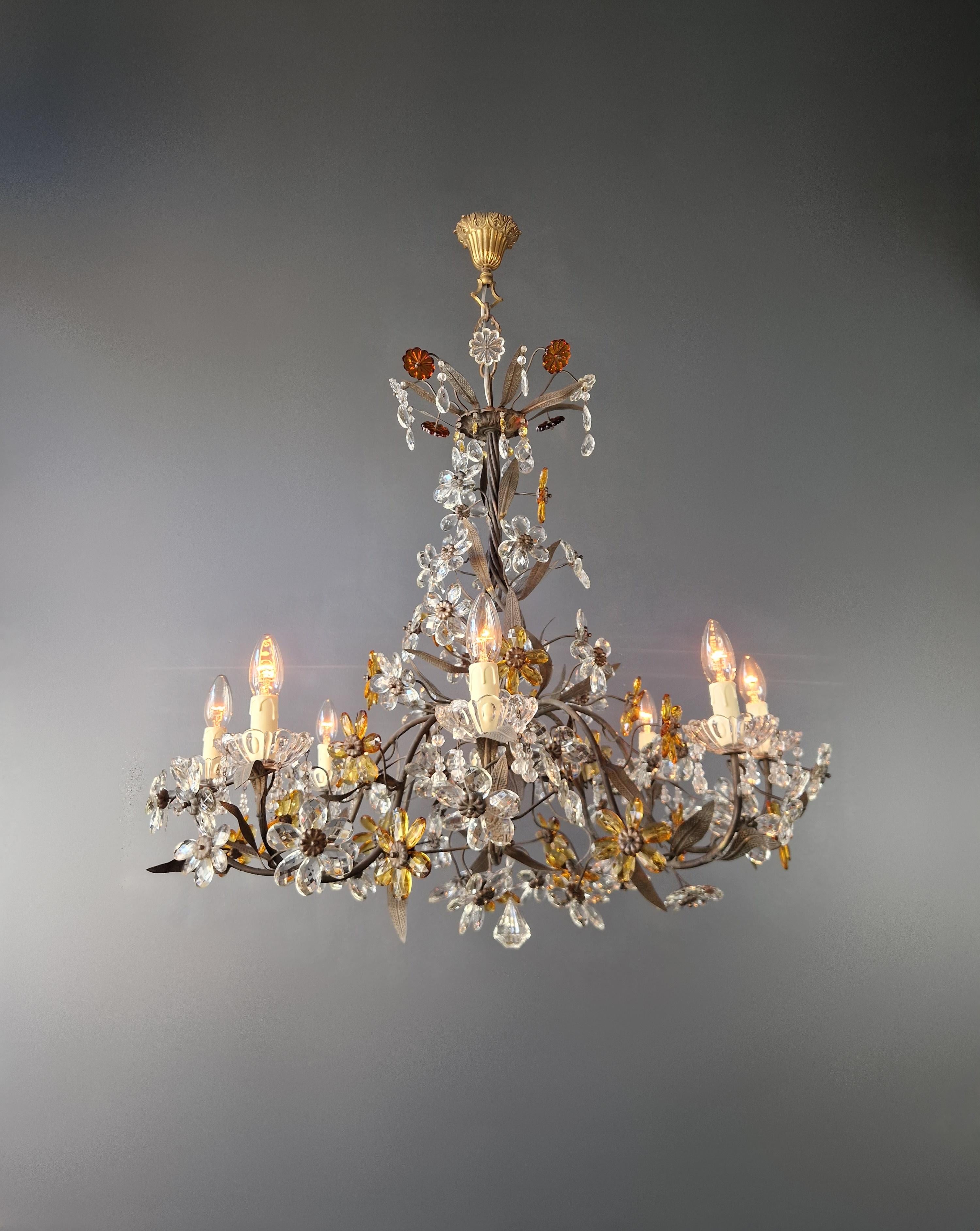 Hand-Knotted 1950s Amber Color Crystal Glass Brass Flower Chandelier Art Deco For Sale