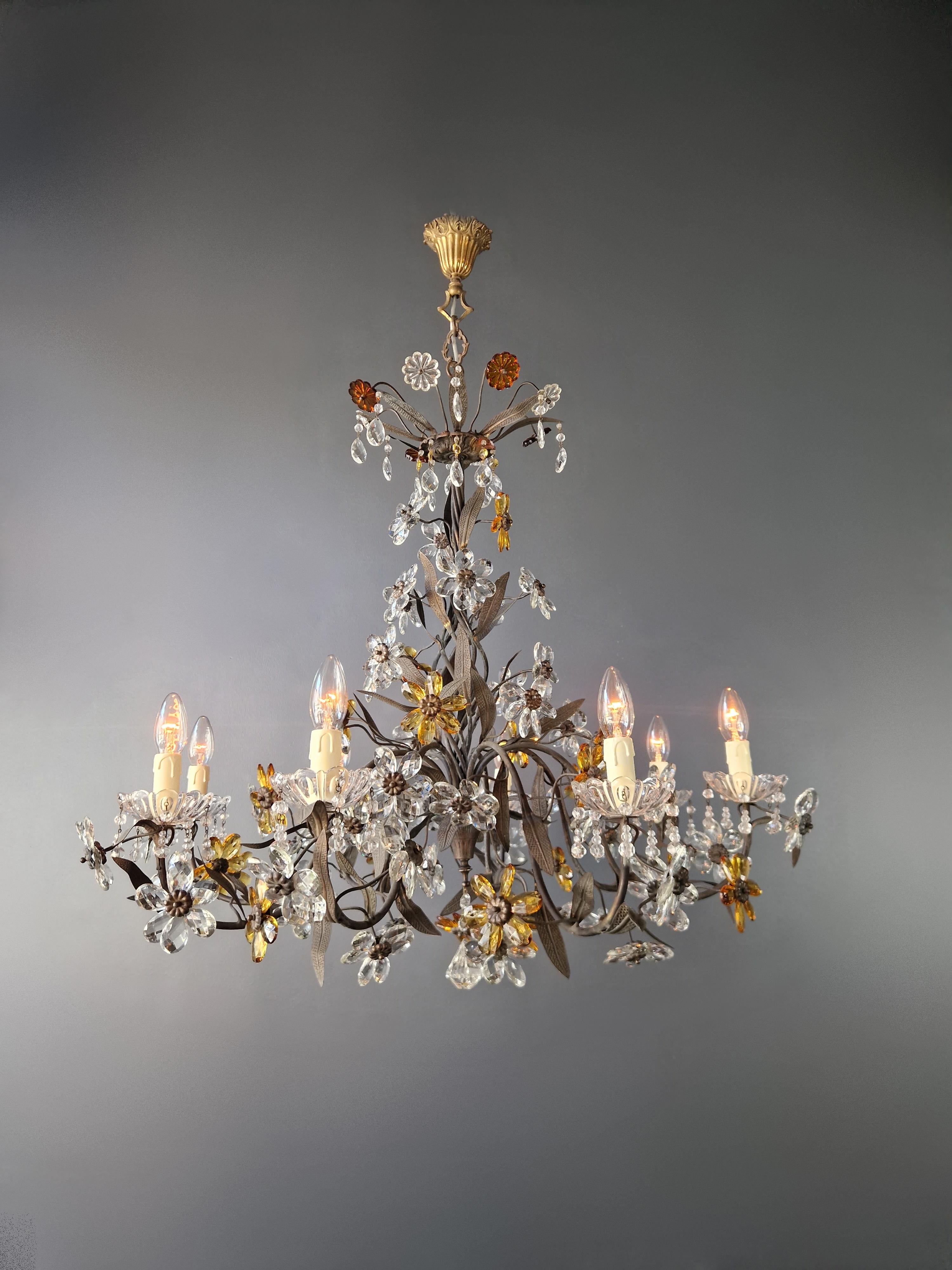 1950s Amber Color Crystal Glass Brass Flower Chandelier Art Deco In Good Condition For Sale In Berlin, DE