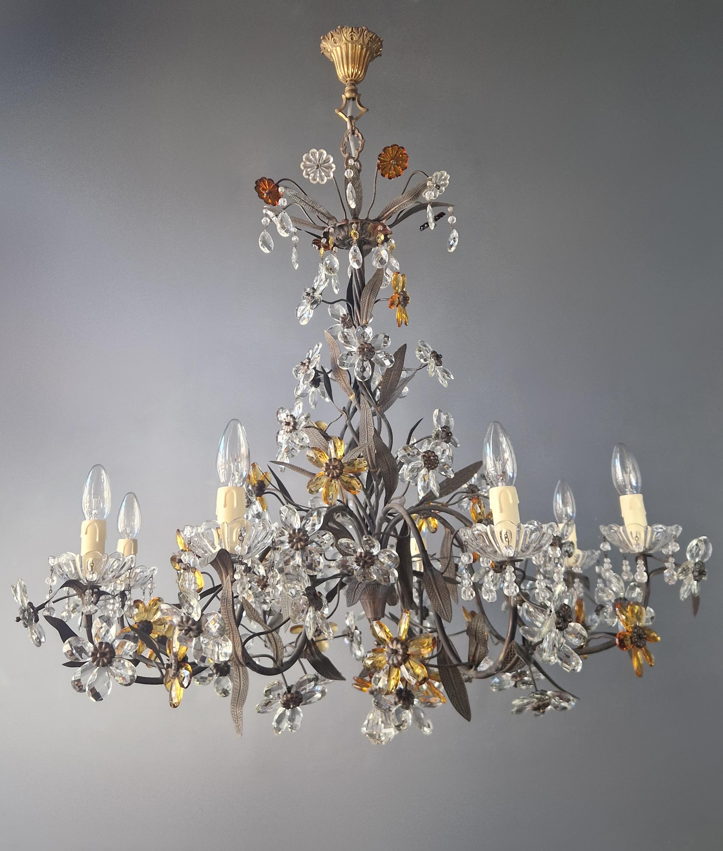 Mid-20th Century 1950s Amber Color Crystal Glass Brass Flower Chandelier Art Deco For Sale