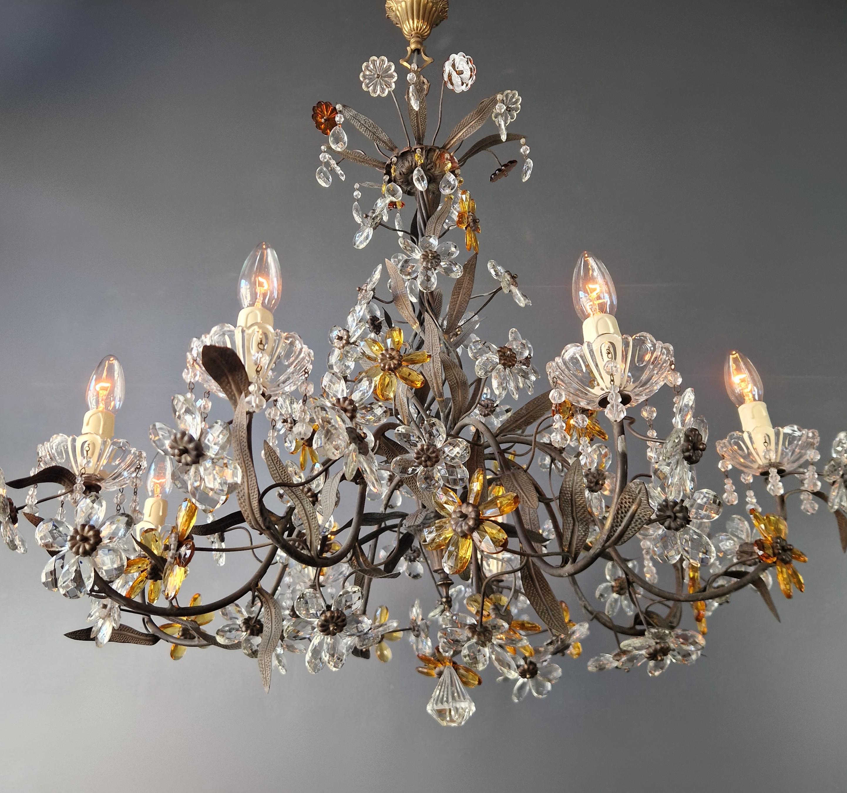 1950s Amber Color Crystal Glass Brass Flower Chandelier Art Deco For Sale 2