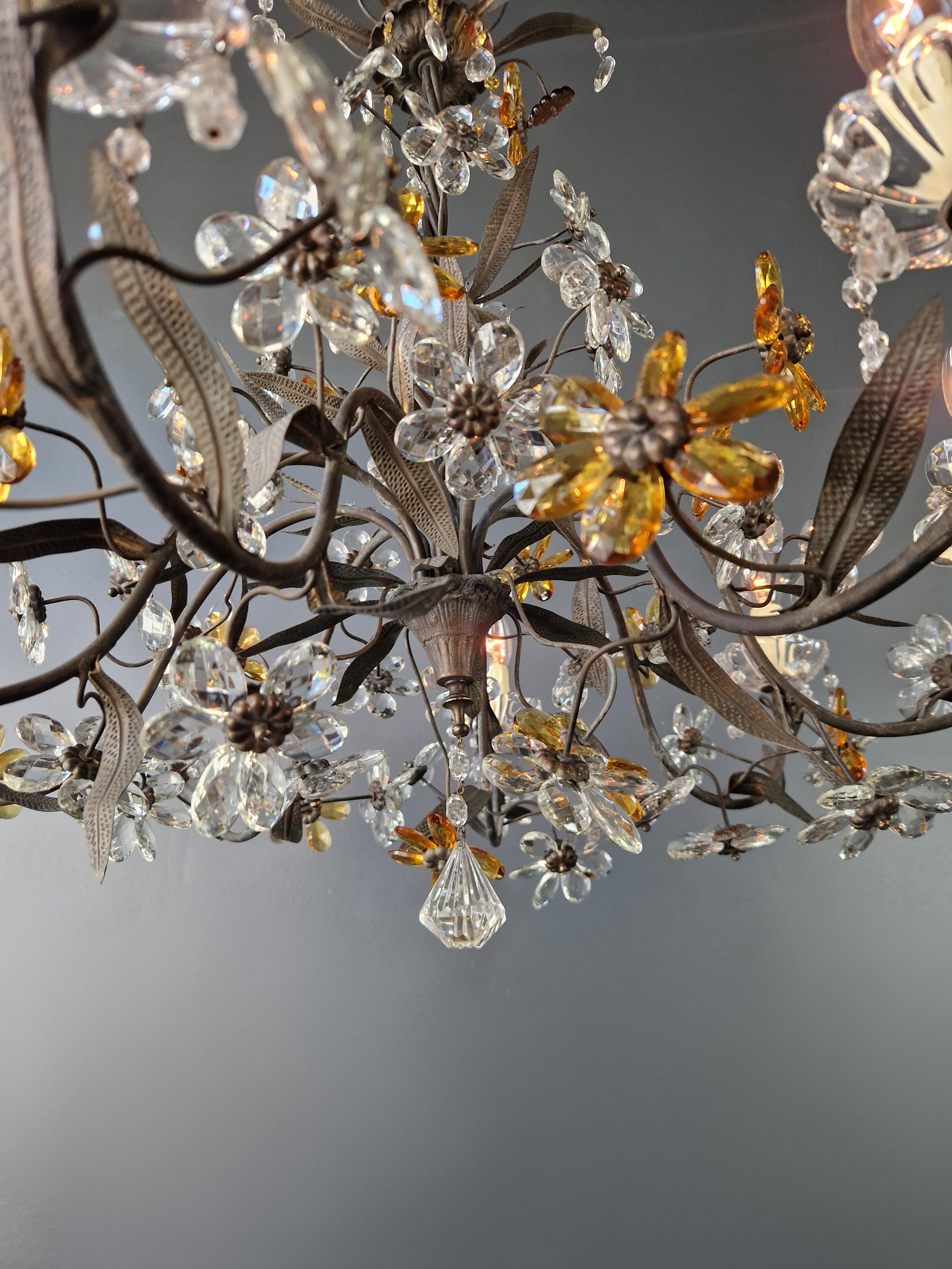 1950s Amber Color Crystal Glass Brass Flower Chandelier Art Deco For Sale 3