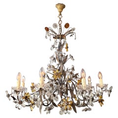 1950s Amber Color Crystal Glass Brass Flower Chandelier Art Deco