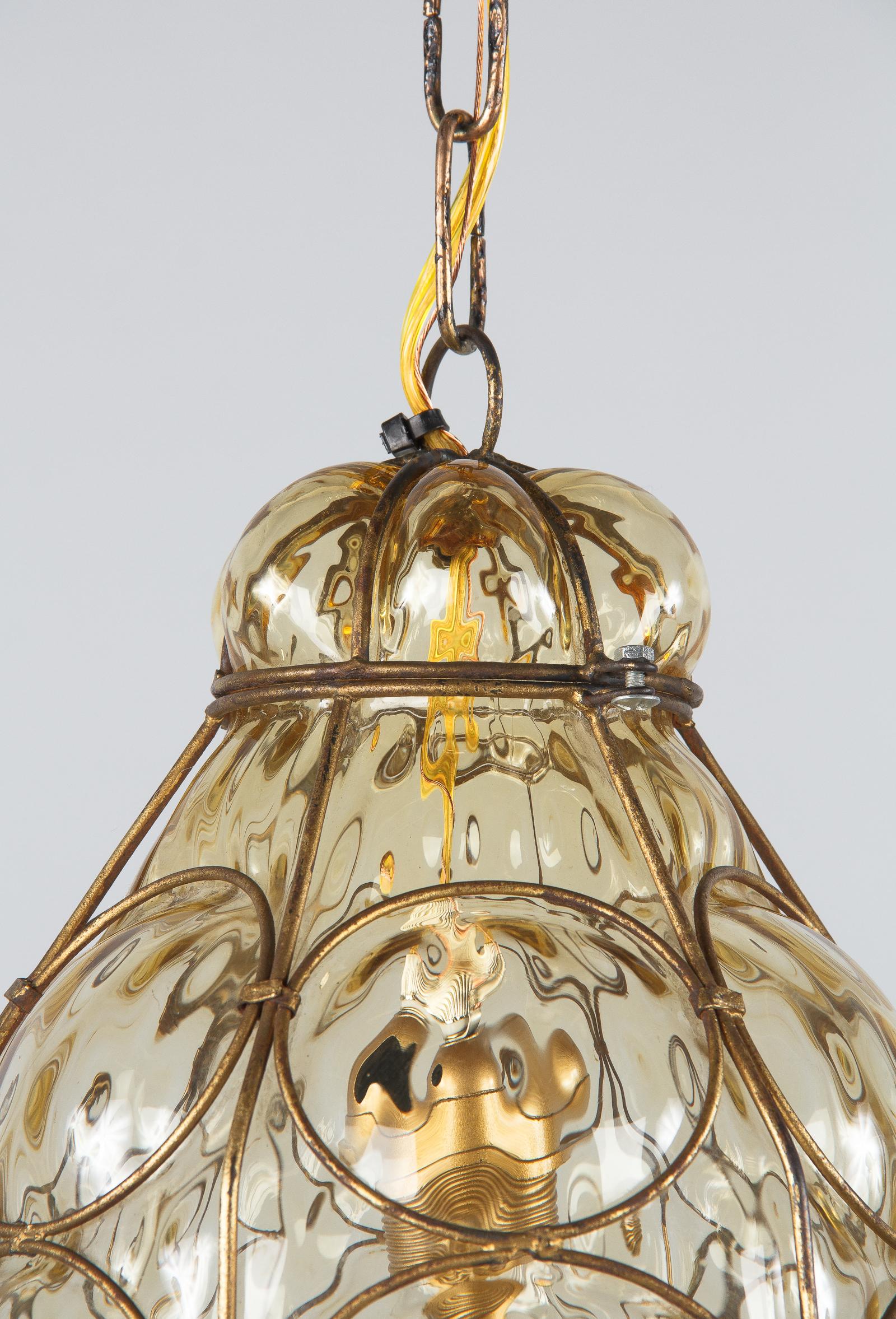 Mid-Century Modern 1950s Amber Glass Caged Murano Lantern