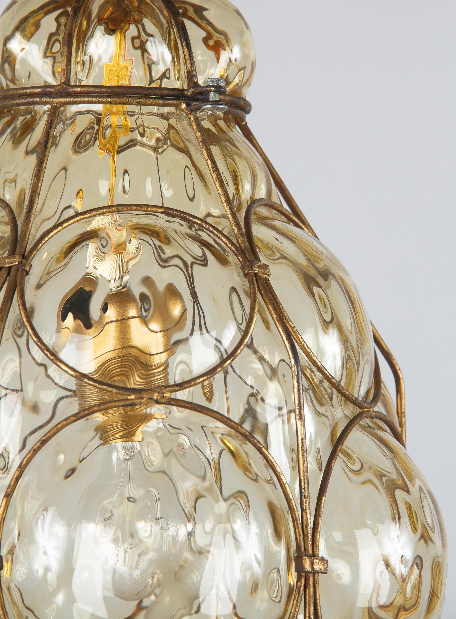 1950s Amber Glass Caged Murano Lantern In Good Condition In Austin, TX