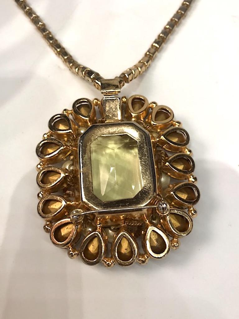1950s Amber & Gold Rhinestone Pin and Pendant Necklace with Pearl Accents 5