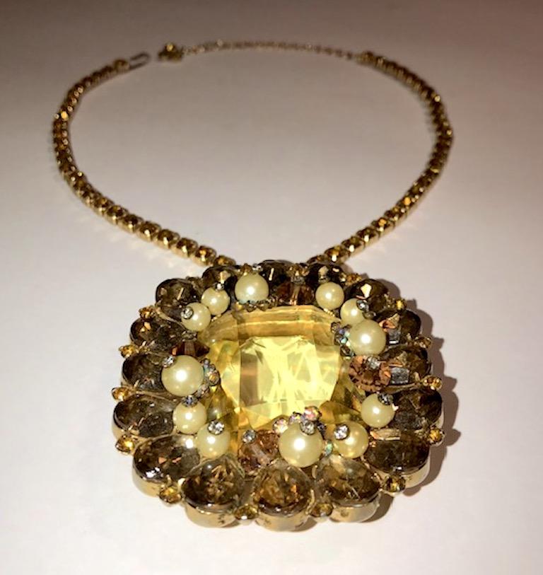 Emerald Cut 1950s Amber & Gold Rhinestone Pin and Pendant Necklace with Pearl Accents