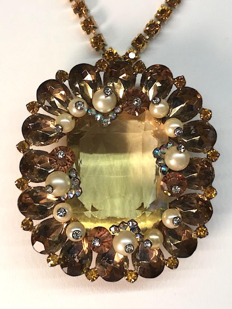 1950s Amber & Gold Rhinestone Pin and Pendant Necklace with Pearl Accents 2