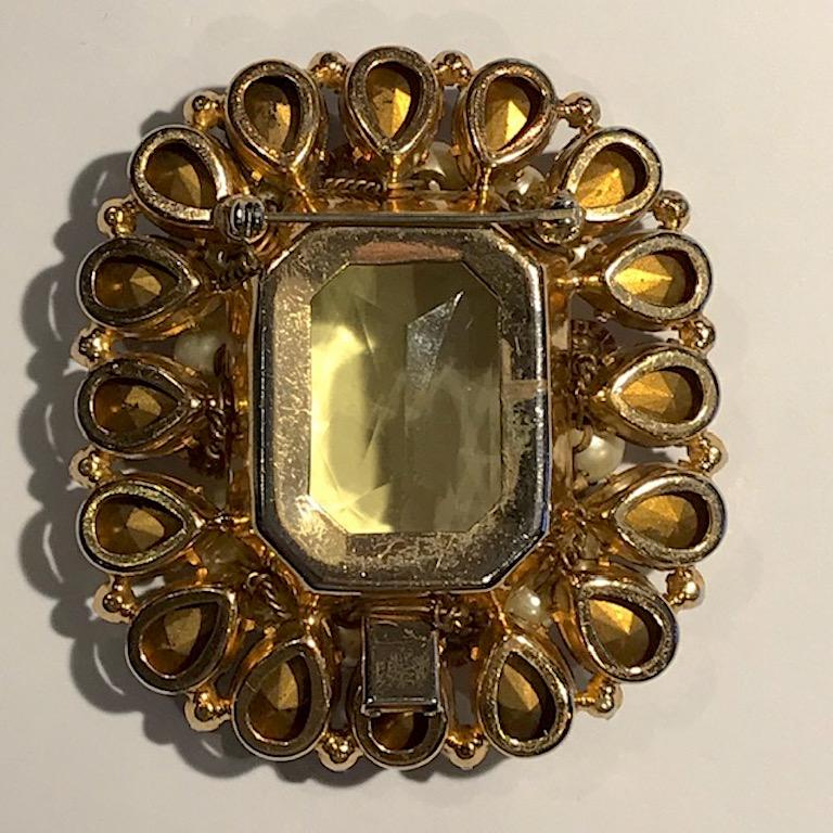 1950s Amber & Gold Rhinestone Pin and Pendant Necklace with Pearl Accents 3