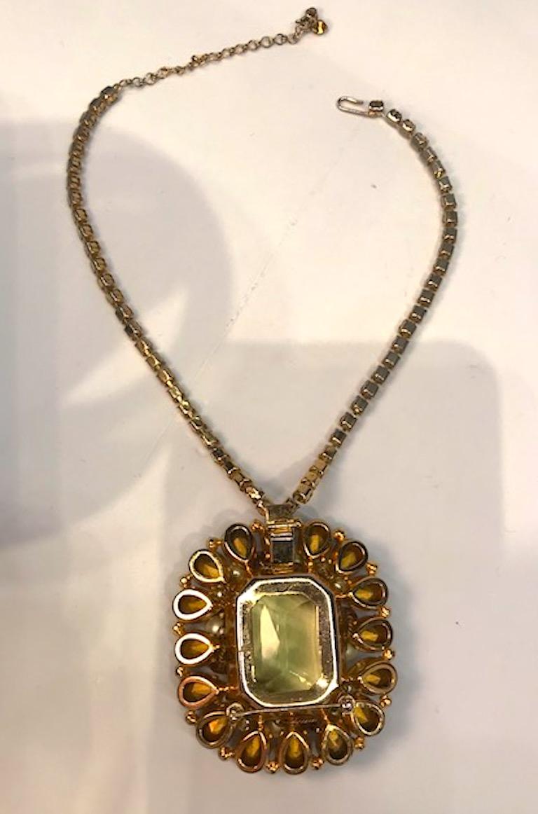 1950s Amber & Gold Rhinestone Pin and Pendant Necklace with Pearl Accents 4