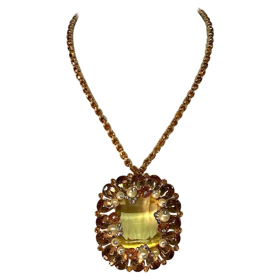 1950s Amber & Gold Rhinestone Pin and Pendant Necklace with Pearl Accents