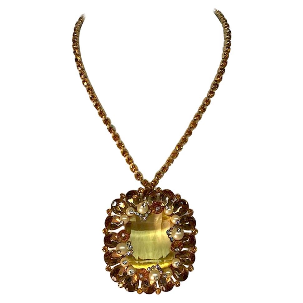 1950s Amber 
Gold Rhinestone Pin and Pendant Necklace with Pearl Accents