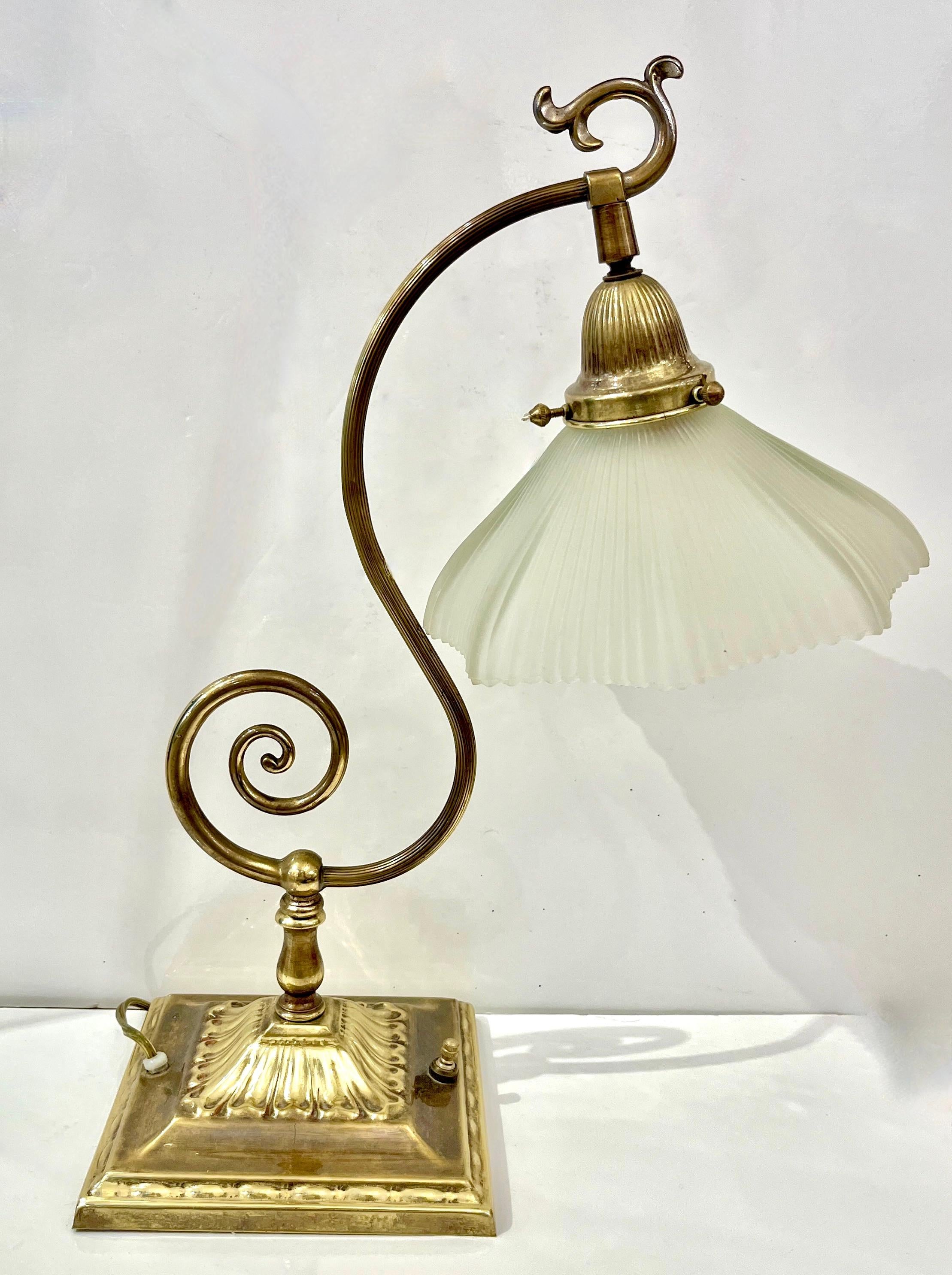 1950s American Art Deco Style Brass Table/Desk Lamp with Satin White Glass Shade For Sale 8
