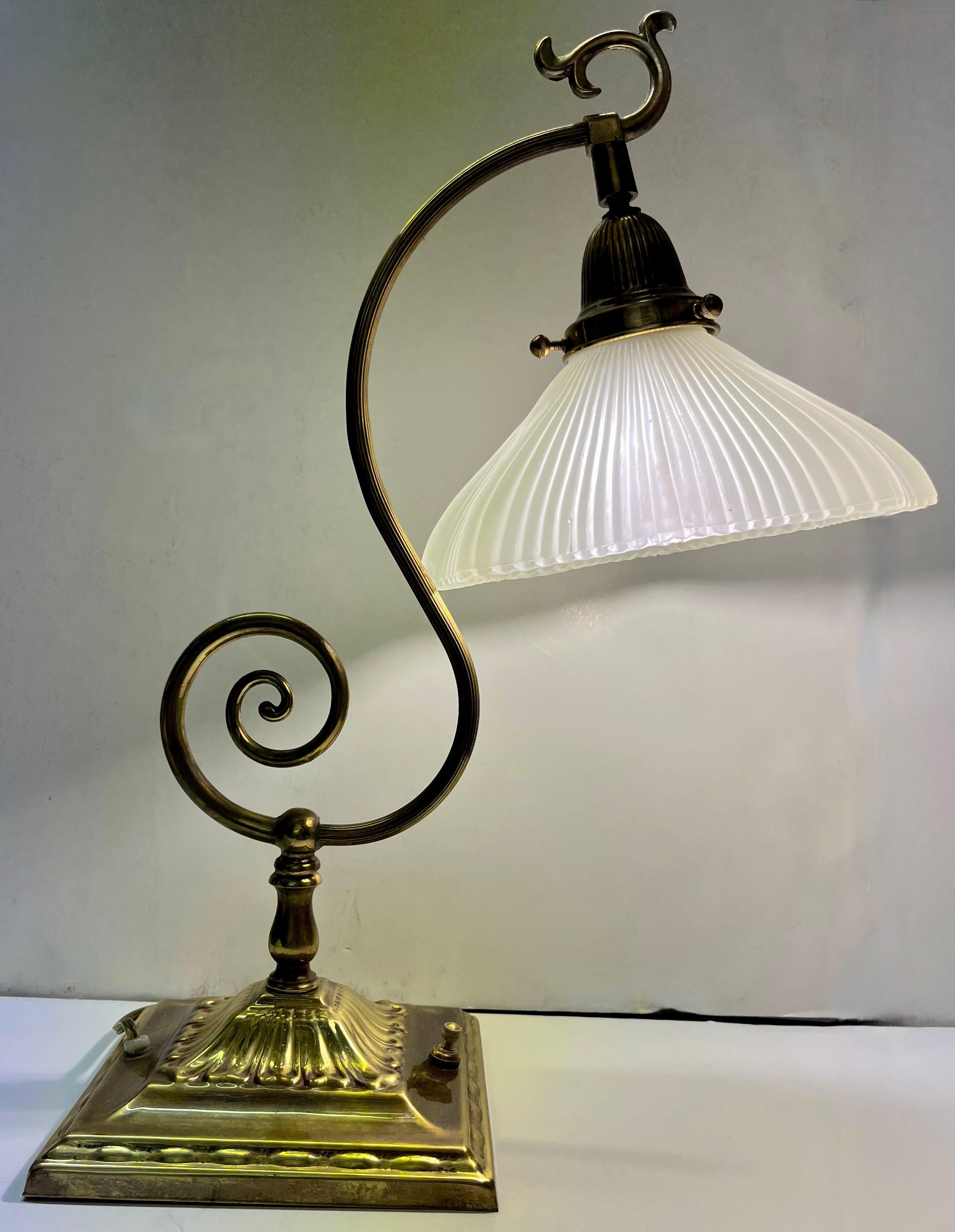1950s American Art Deco Style Brass Table/Desk Lamp with Satin White Glass Shade For Sale 9