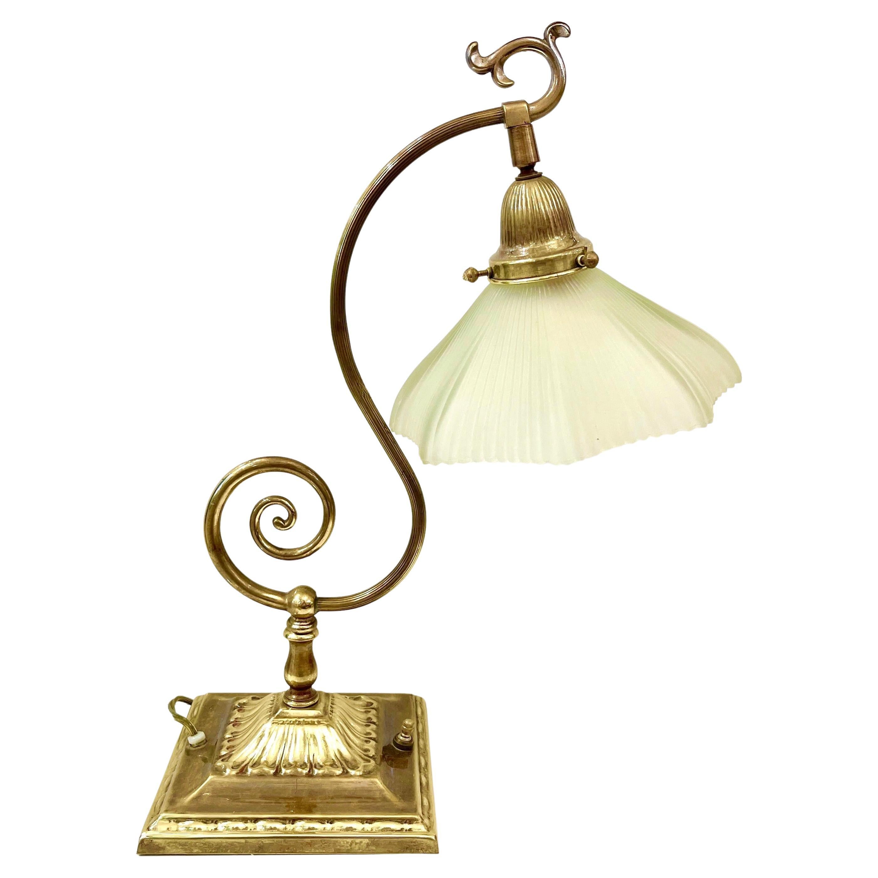 1950s American Art Deco Style Brass Table/Desk Lamp with Satin White Glass Shade For Sale