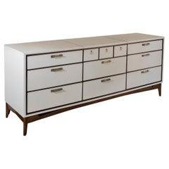 1950's American Chest of Drawers, Walnut Covered in Boar Leather, Brass Details