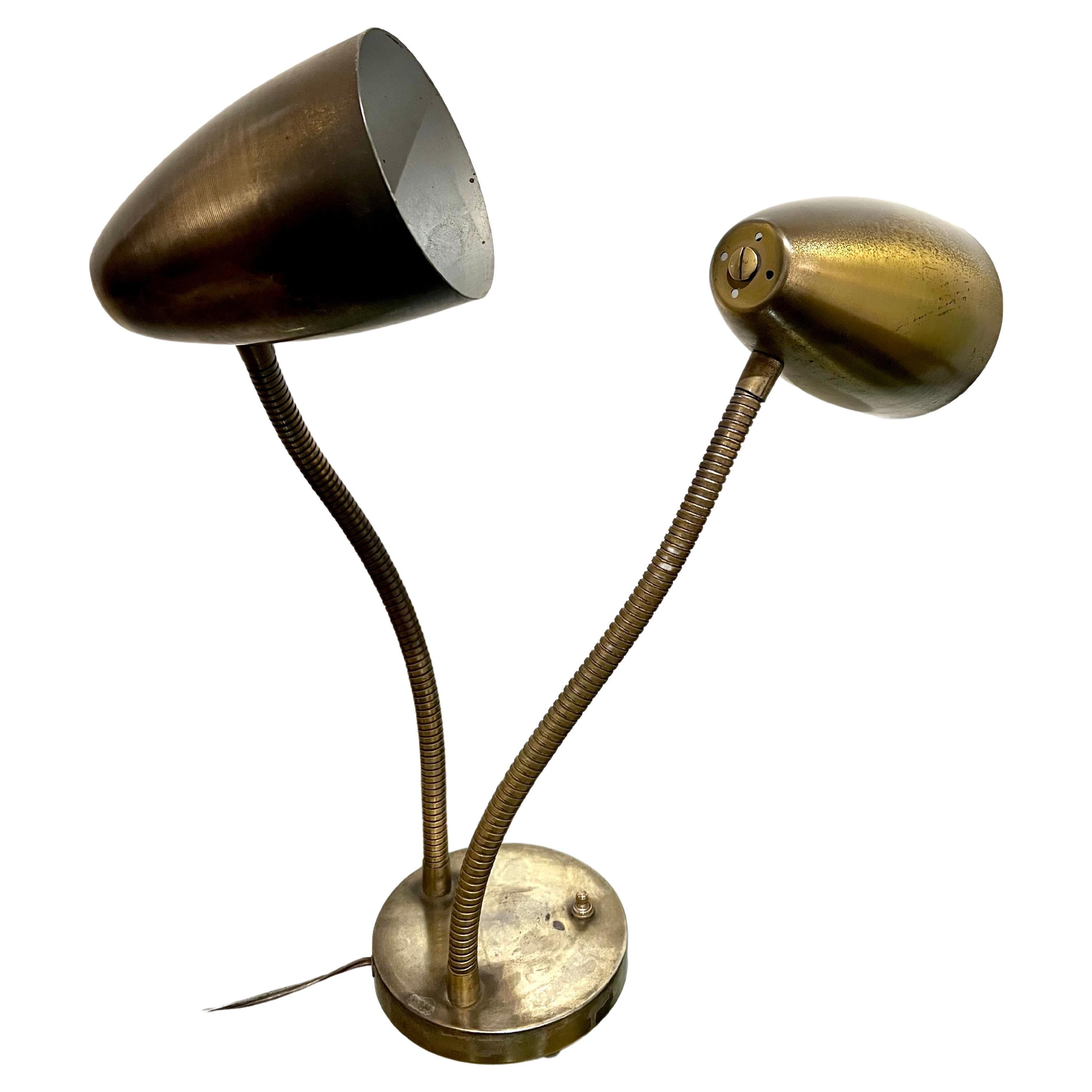 1950s American Midcentury Gooseneck Double Head Atomic Age Brass Desk Lamp  at 1stDibs