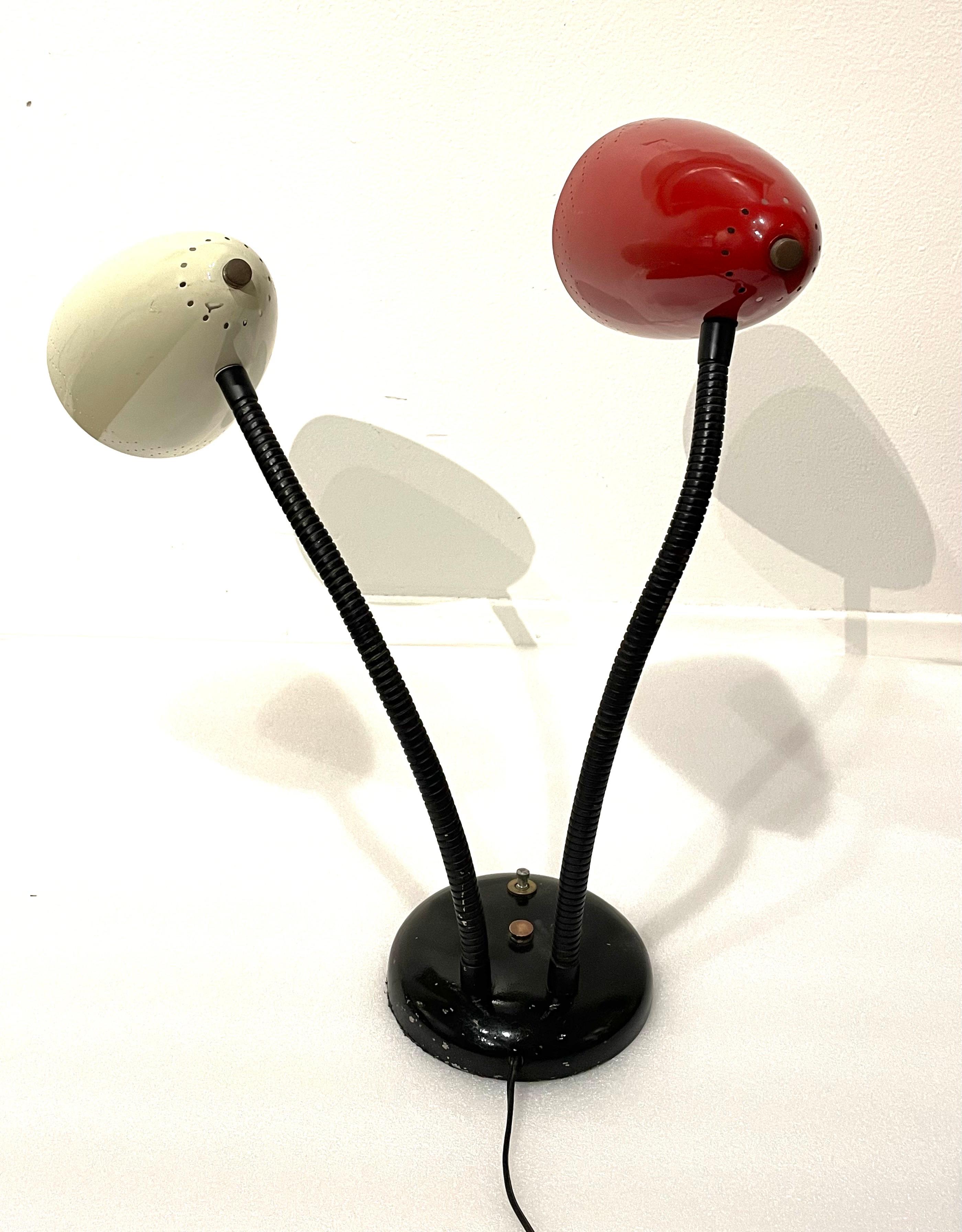 Double head enameled finish gooseneck table/desk lamp, circa 1950's great colors very clean condition rewired cool colors and finish.