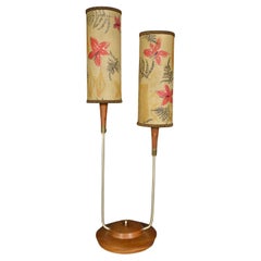 Amerikanische Tiki-Tischlampe, zweiarmig, asymmetrisch, Chrom, Teakholz, Mid-Century, 1950er Jahre
