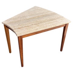 1950s American Modern Trapezoid Shape Cocktail End Table in Walnut & Travertine