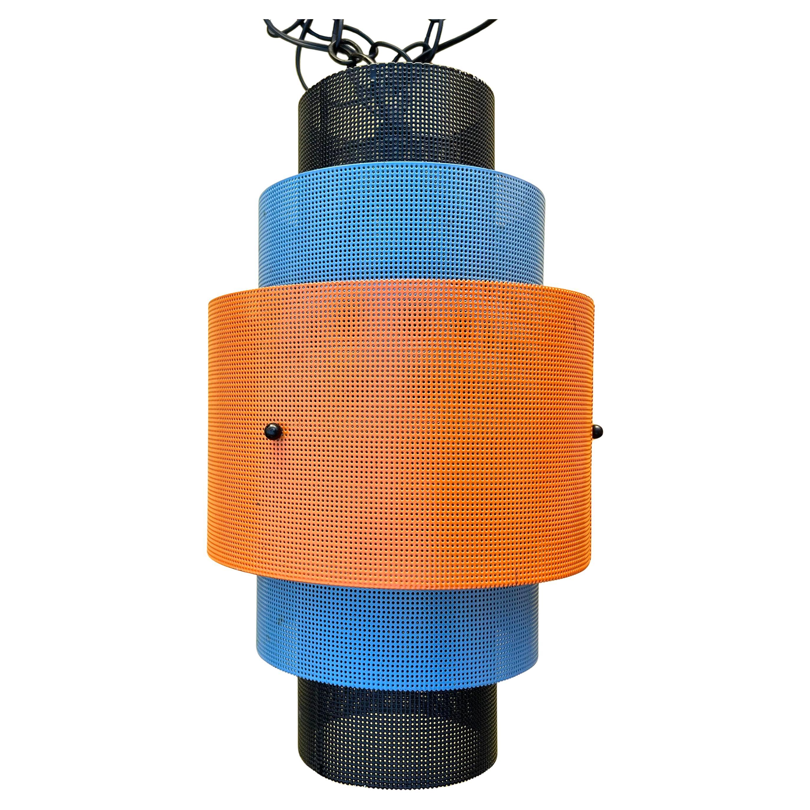 1950s American Modern Turquoise Orange Black Perforated Metal Mesh Pendant Lamp