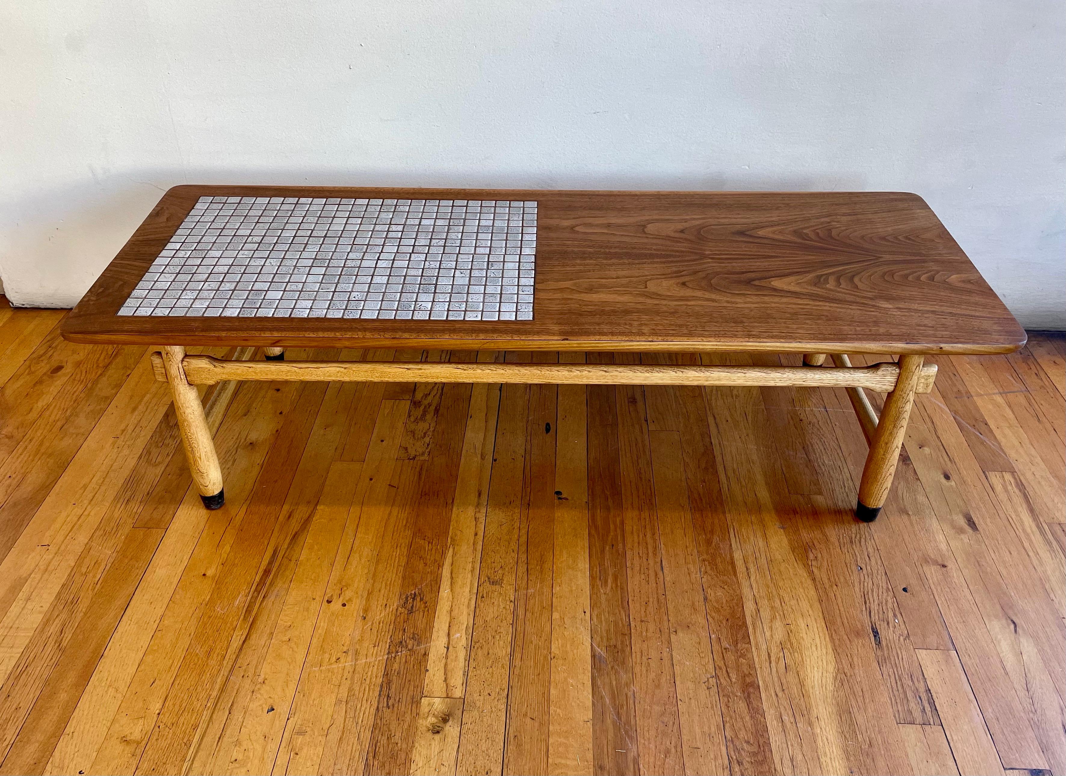 North American 1950s American Modern Walnut Coffee Table with Insert Tile Atomic Design