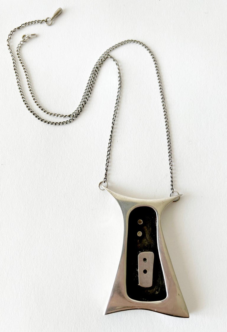 American modernist sterling silver shadowbox pendant necklace circa 1950's, creator unknown.  Pendant measures 2.75