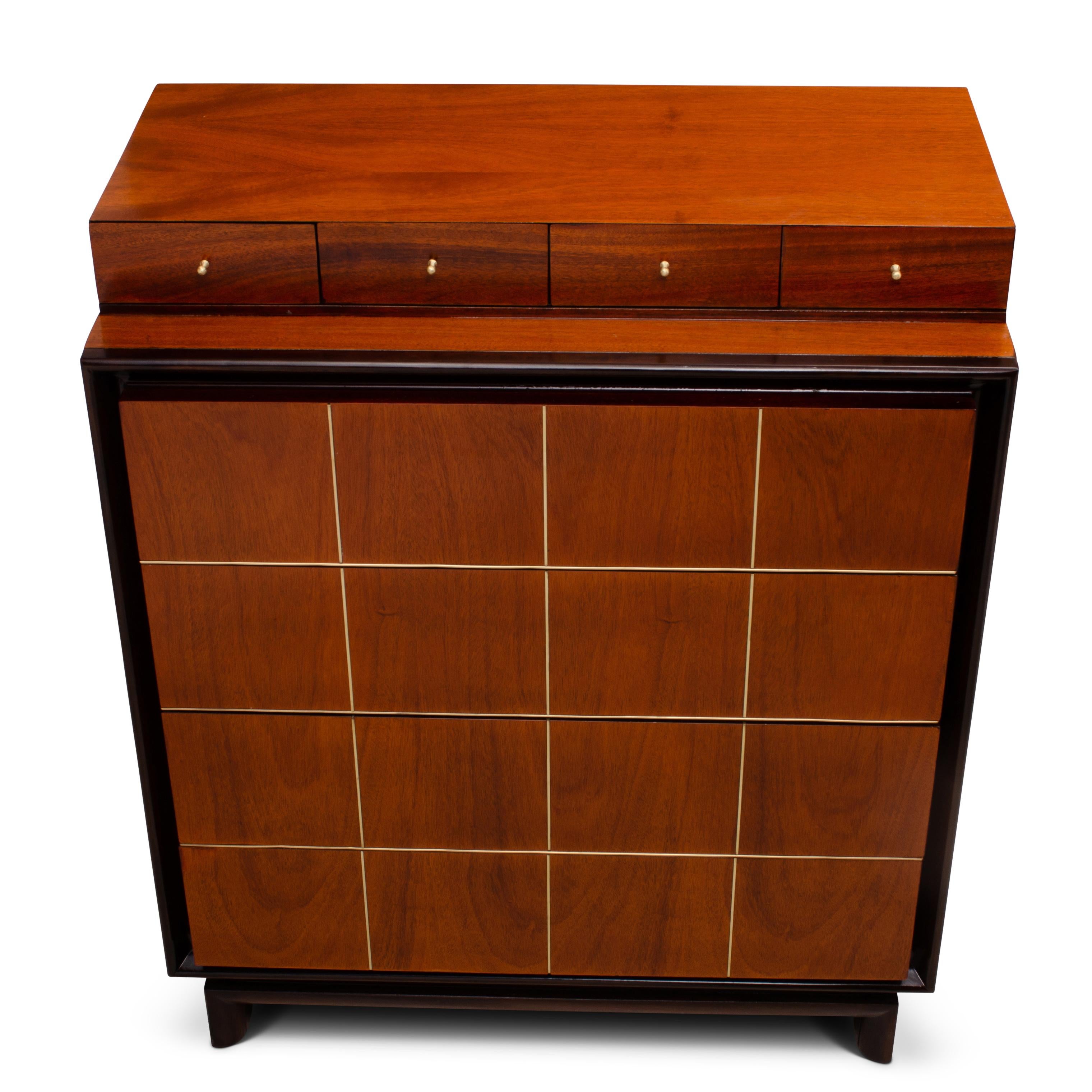1950s American of Martinsville Midcentury High Chest Dresser with Brass Inlay For Sale 2
