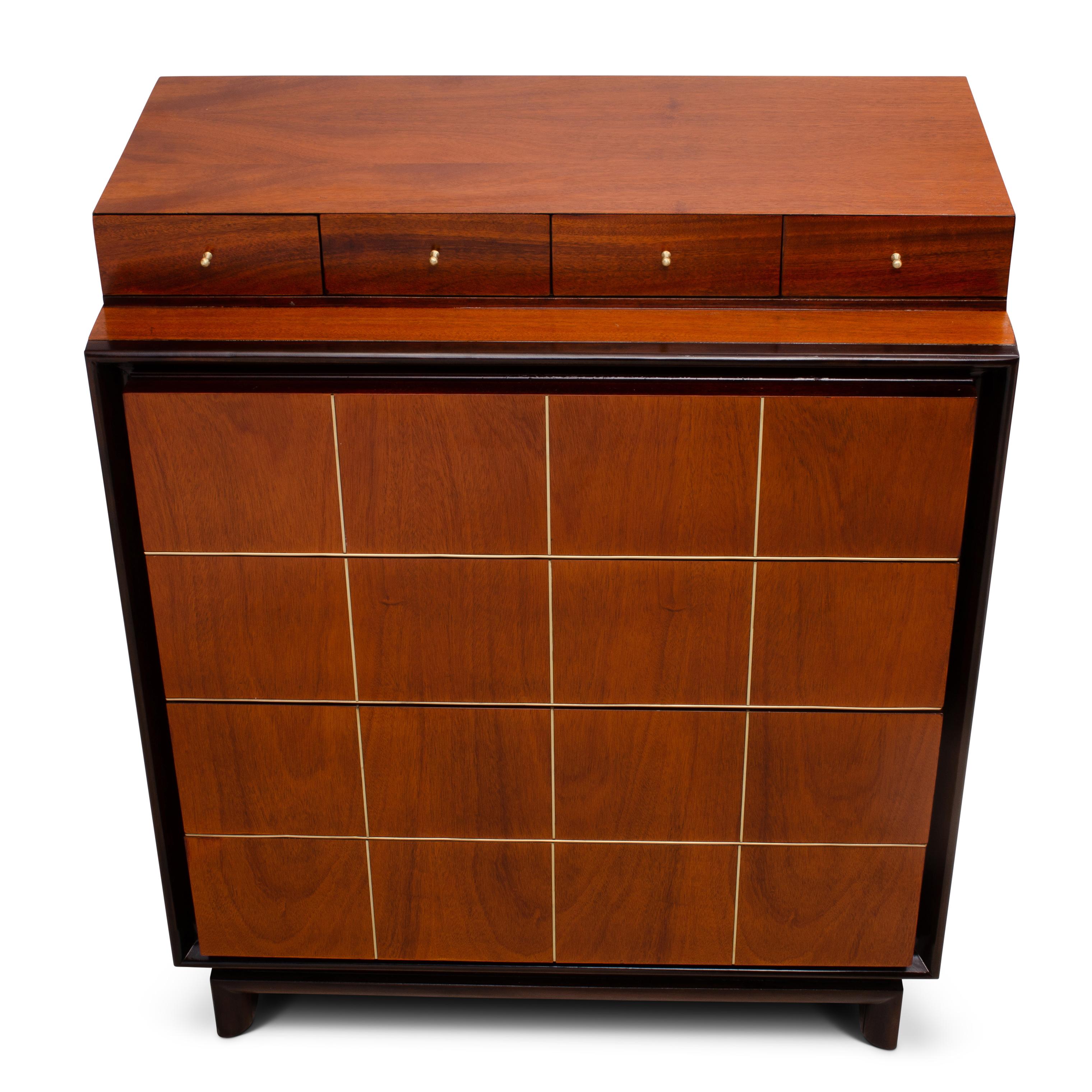 1950s American of Martinsville Midcentury High Chest Dresser with Brass Inlay For Sale 3