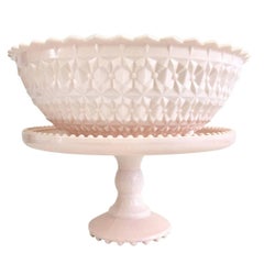 1950s American Pink Milk Glass Pedestal Cake Plate and Footed Bowl Set of Two