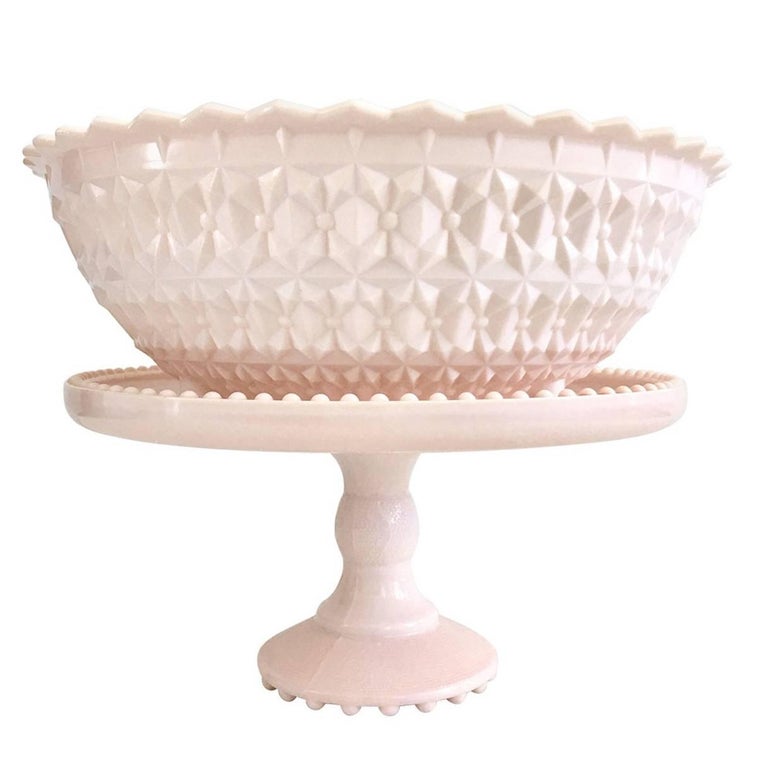 1950s American Pink Milk Glass Pedestal Cake Plate and Footed Bowl Set