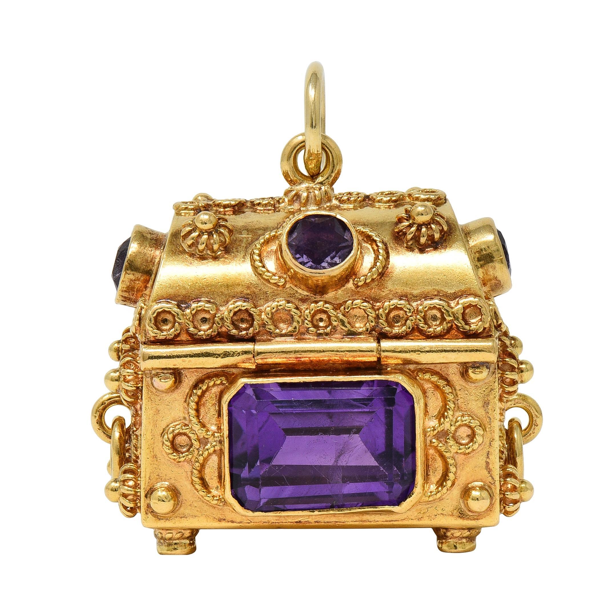 Emerald Cut 1950's Amethyst 18 Karat Yellow Gold Vintage Chest Pendant Charm For Sale