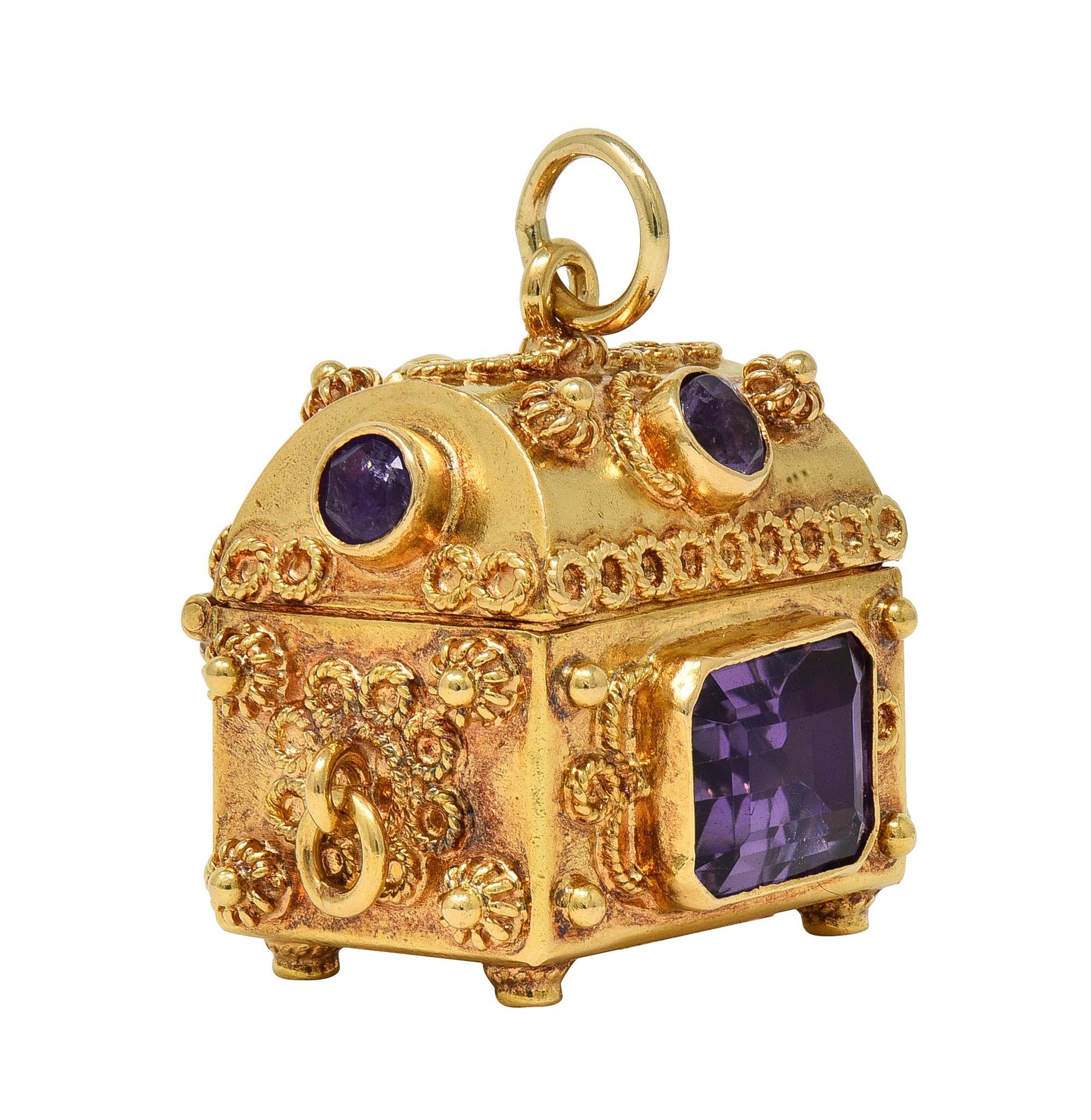 1950's Amethyst 18 Karat Yellow Gold Vintage Chest Pendant Charm In Excellent Condition For Sale In Philadelphia, PA