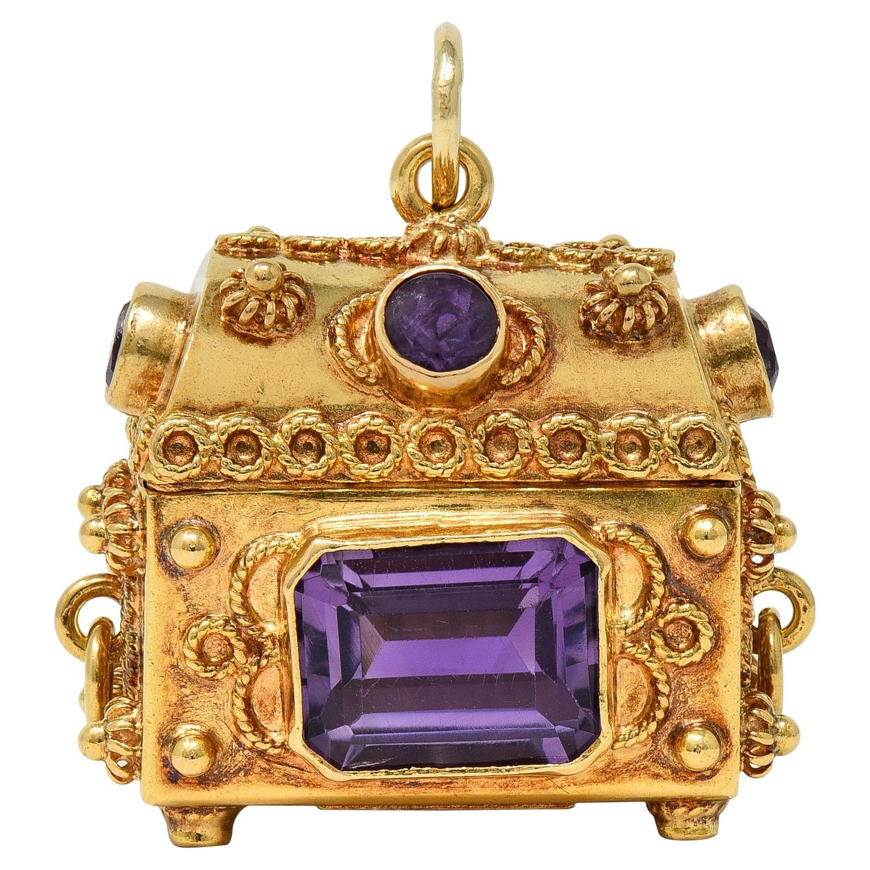 1950's Amethyst 18 Karat Yellow Gold Vintage Chest Pendant Charm For Sale
