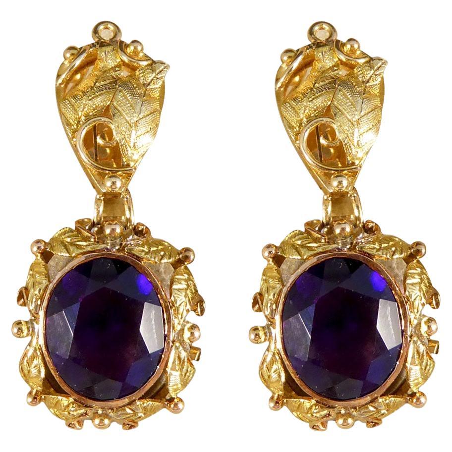 1950's Amethyst and 14ct Tri-Gold Filigree Clip Earrings as Part of Suite For Sale