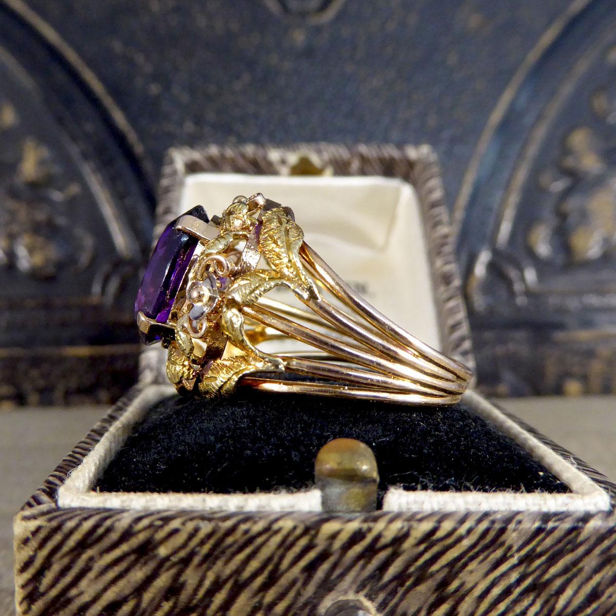 Women's or Men's 1950's Amethyst and 14ct Tri-Gold Filigree Ring as Part of Suite For Sale