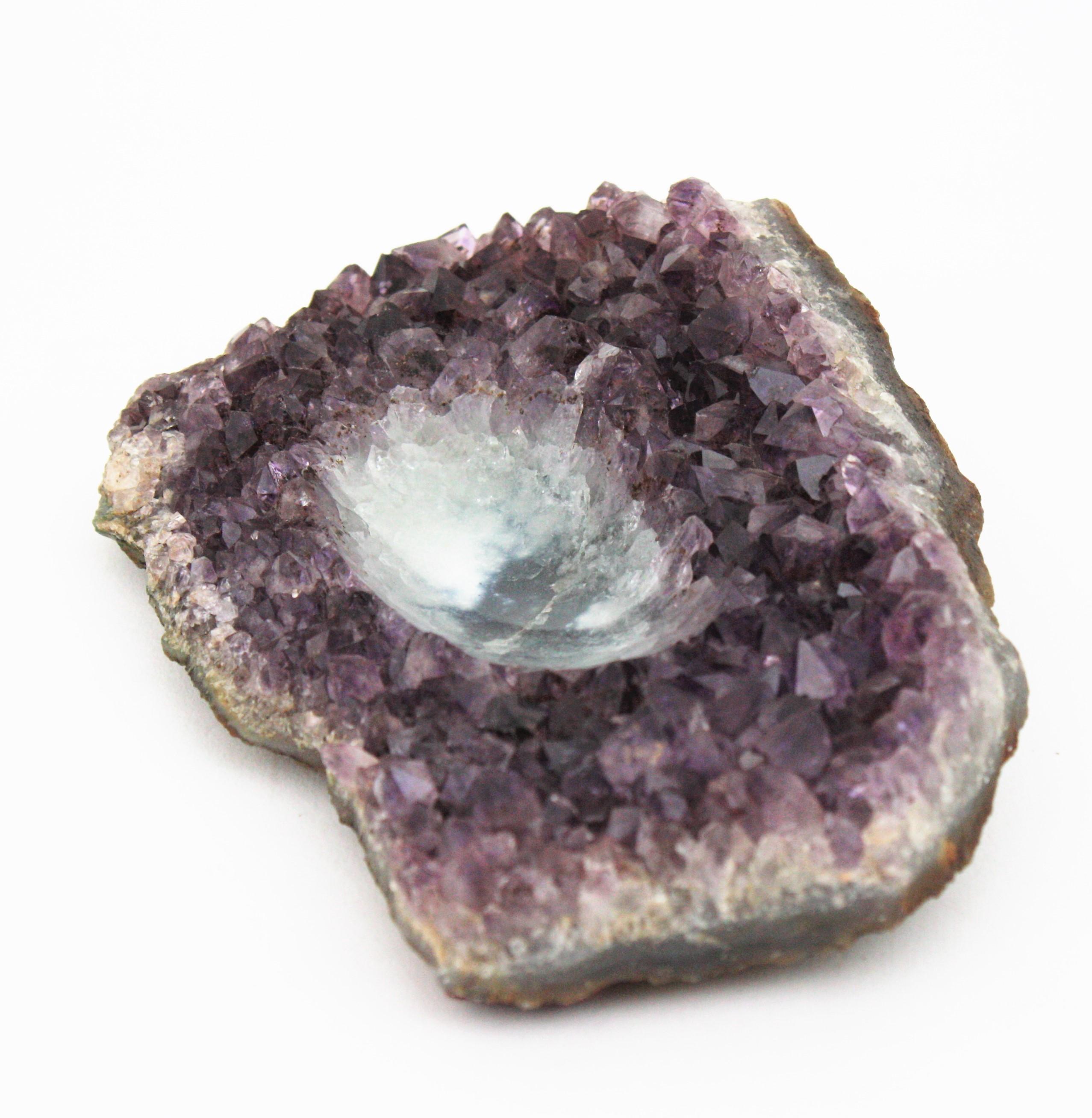 Mid-Century Modern Amethyst Geode Stone Hand Carved Bowl or Ashtray, 1950s For Sale