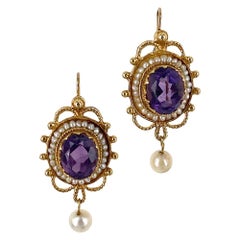 Vintage 1950s Amethyst Seed Pearl 14 Karat Yellow Gold Drop Earrings