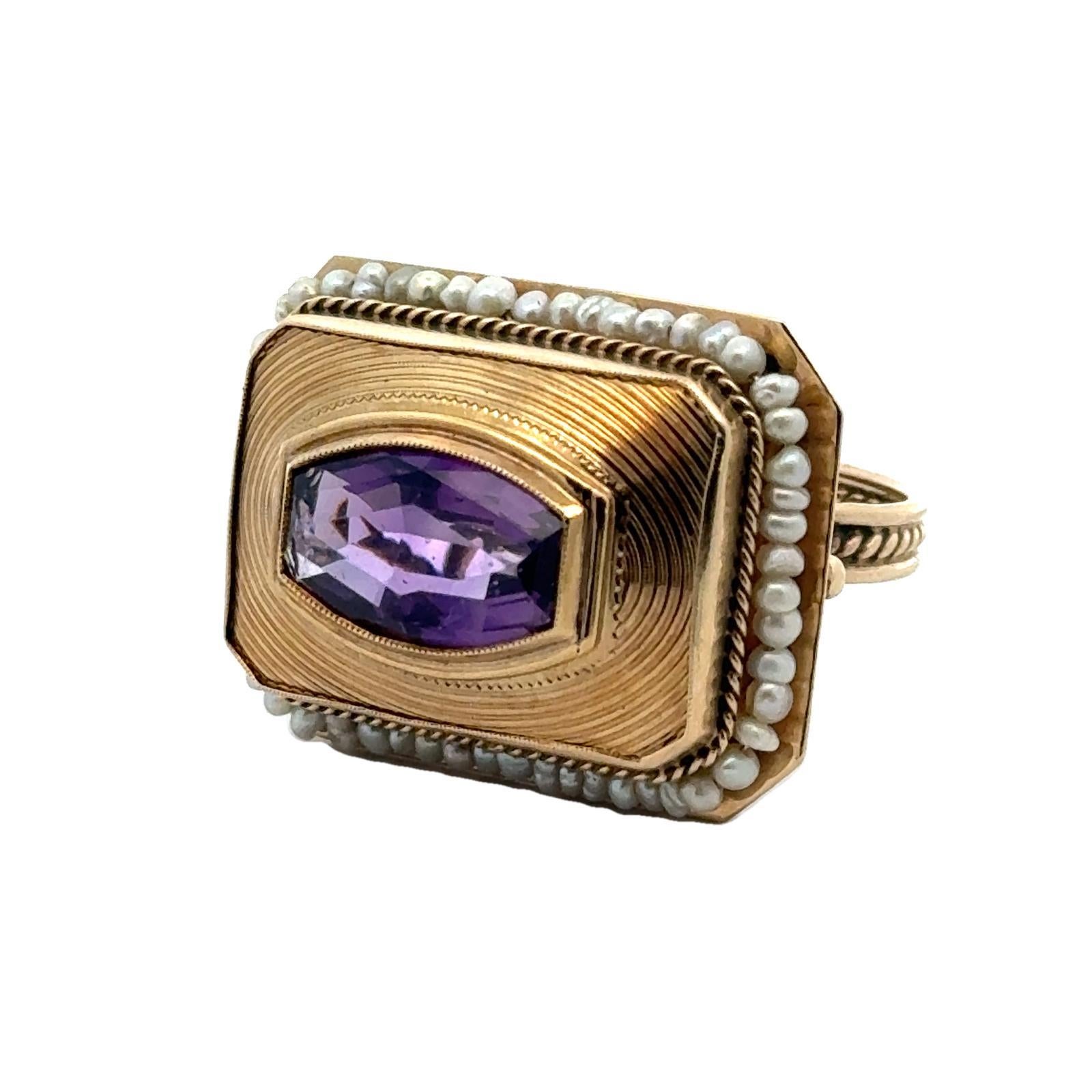 Contemporary 1950's  Amethyst Seed Pearl 14 Karat Yellow Gold Rectangular Cocktail Ring